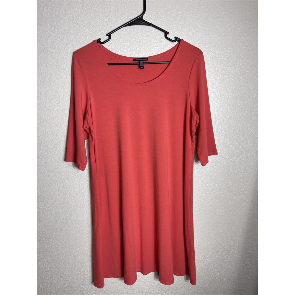 Eileen Fisher Midi Dress Size L Coral Jersey Stretch Lagenlook Flowy Minimalist